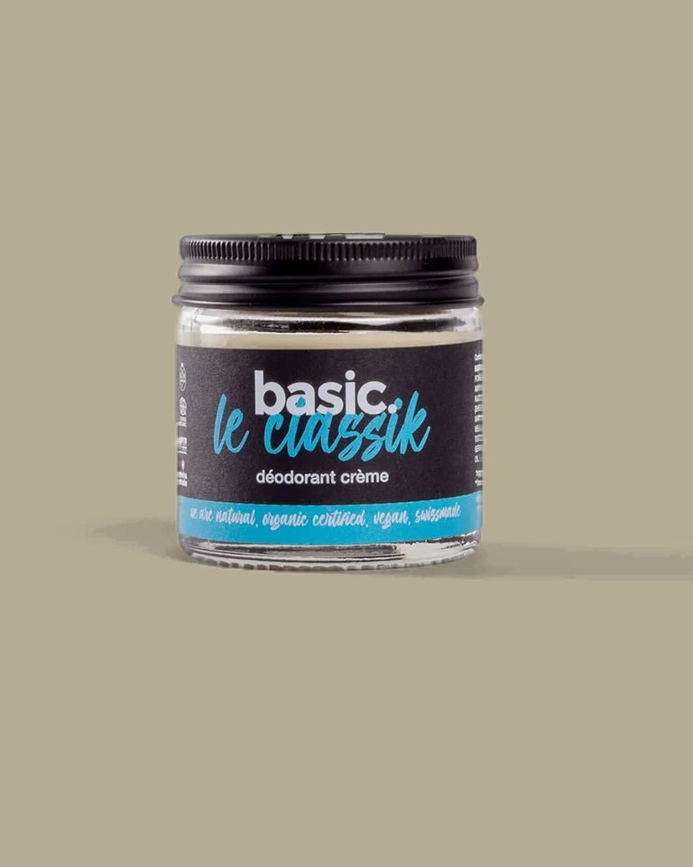 Glass jar of cream deodorant Le Classik basic.
