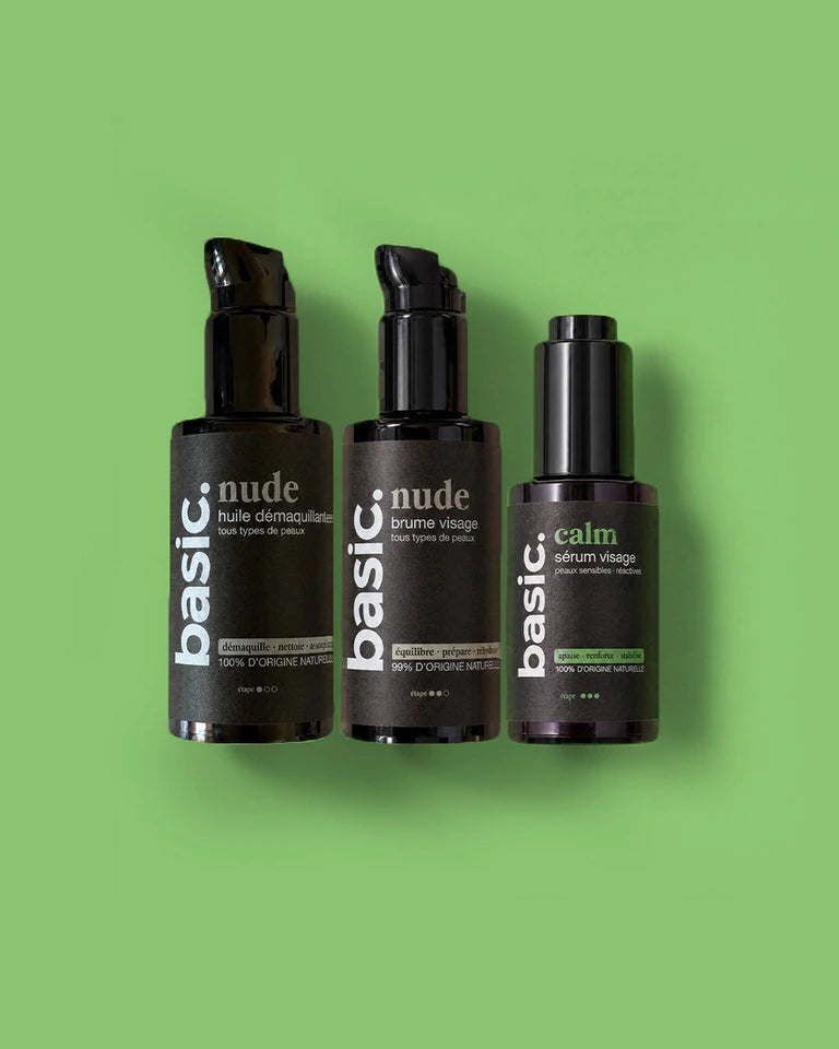 Les trois soins du kit visage CALM basic.