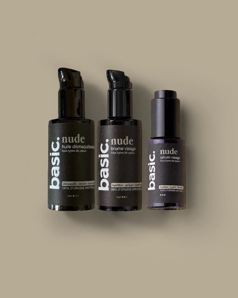 Les trois soins du kit visage Nude basic.
