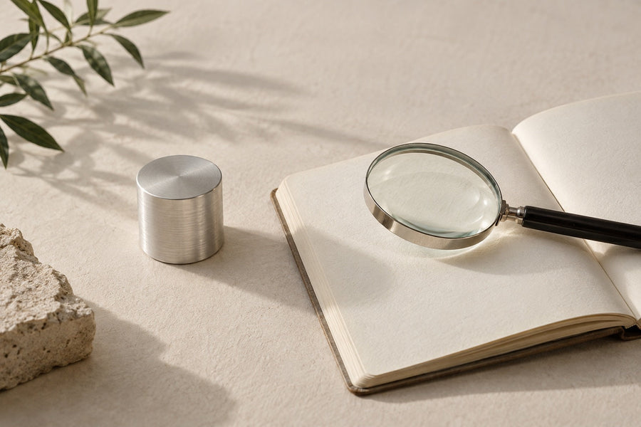 Cylindre en aluminium, carnet ouvert et loupe, illustration de la lecture d’une étude.