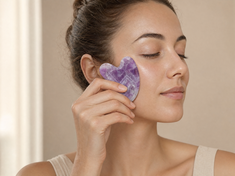 massage du visage avec la pierre de gua sha en améthyste