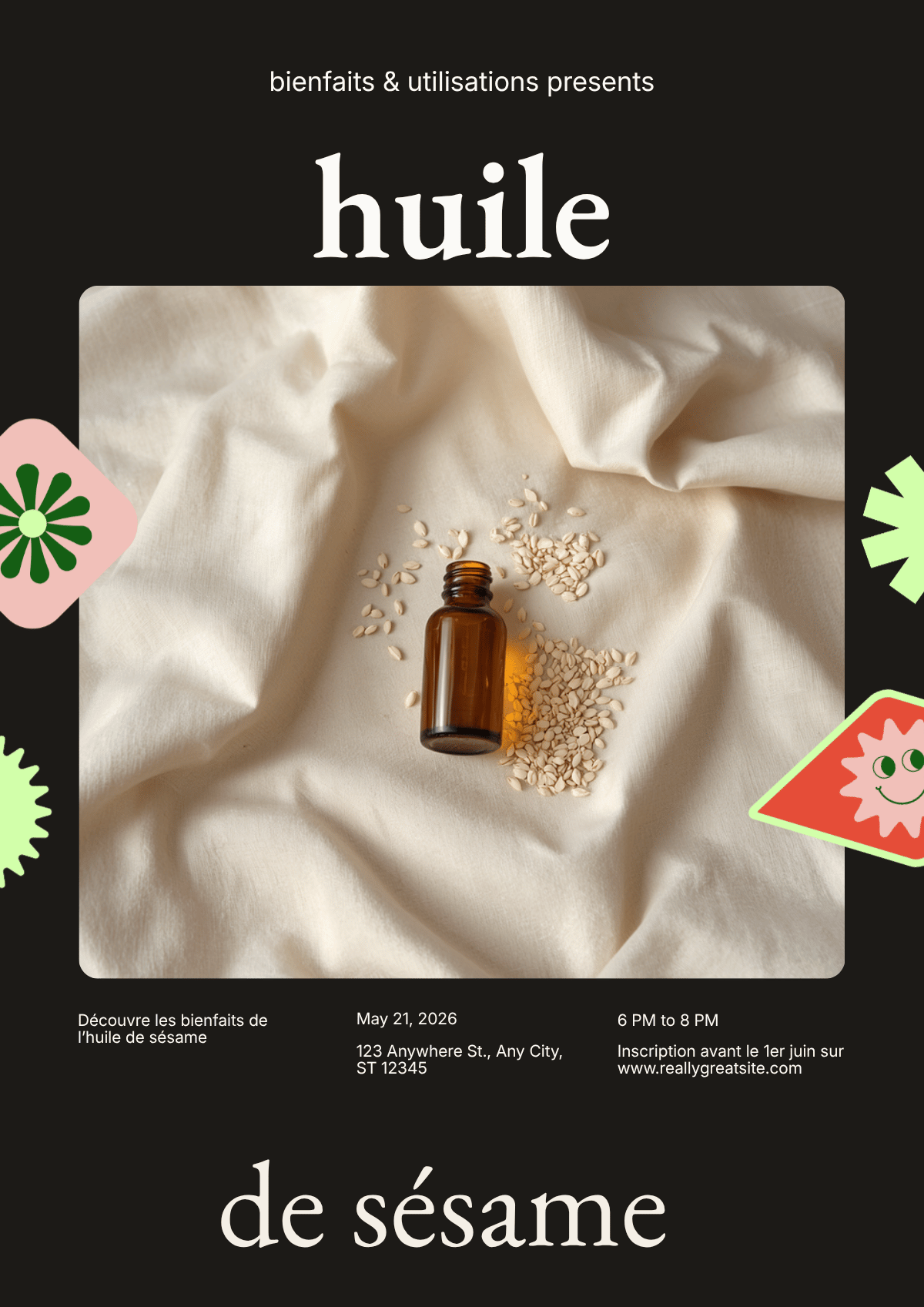 Huile de sésame bio dans flacon ambré sur lin beige - basic.