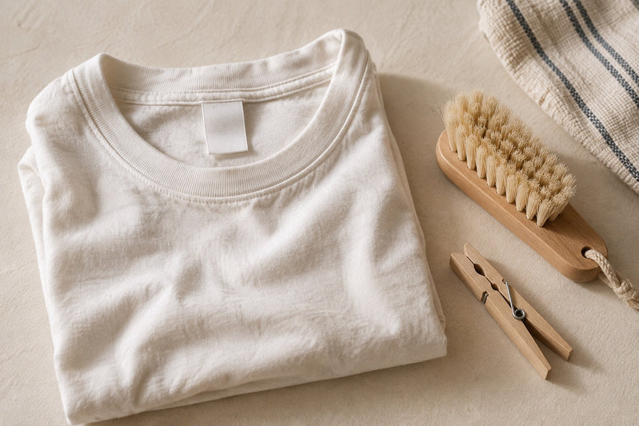 Cotton T-shirt, wooden clothes peg and laundry brush.