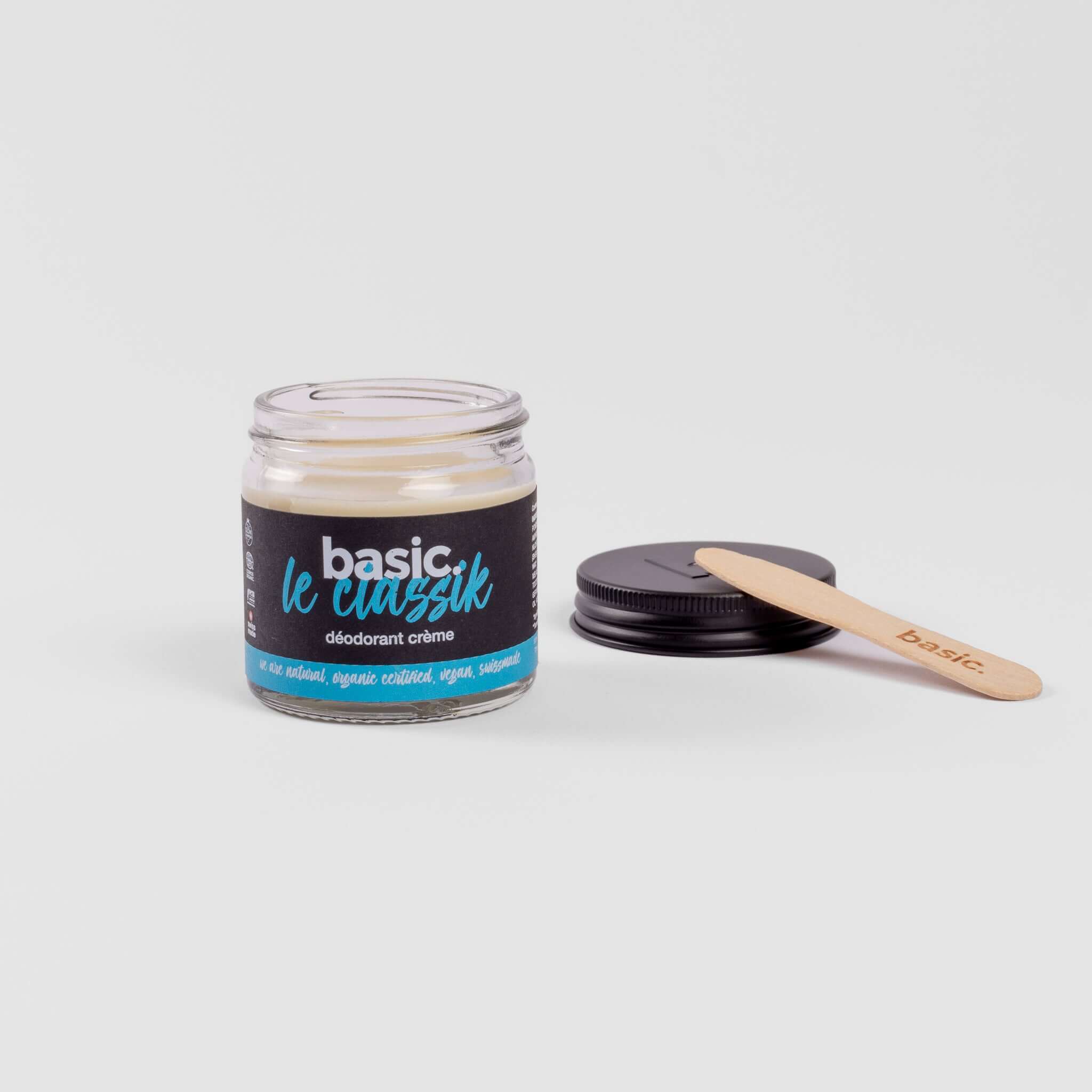 Basic Le Classik déodorant crème certifié bio 50gr avec spatule en bois, 100% naturel et fabriqué en Suisse.