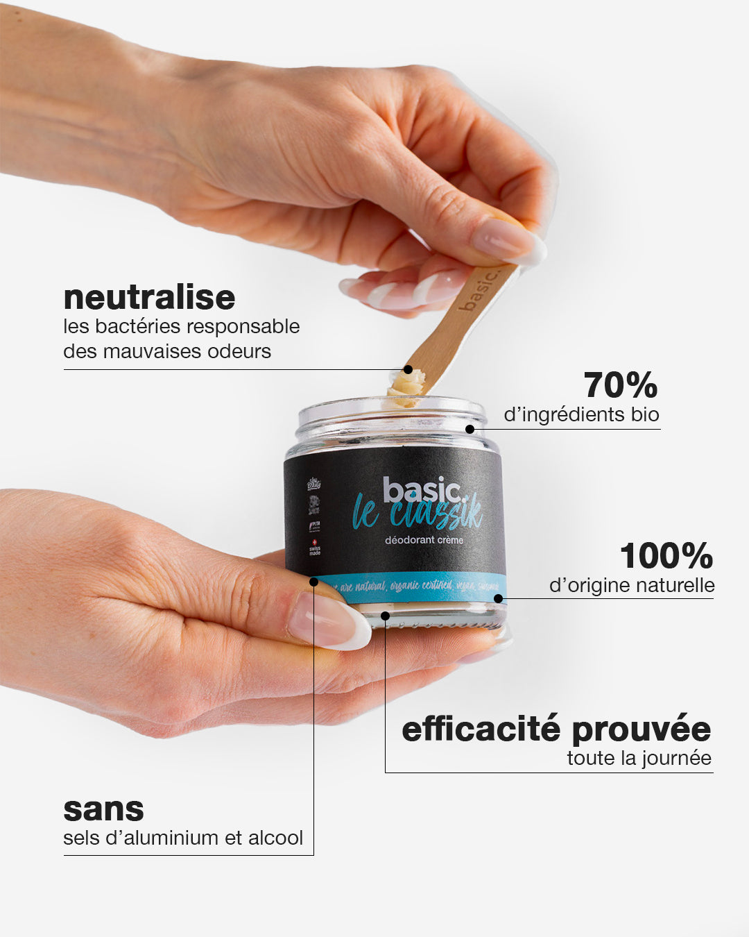 Main appliquant le déodorant baume naturel basic. - geste application