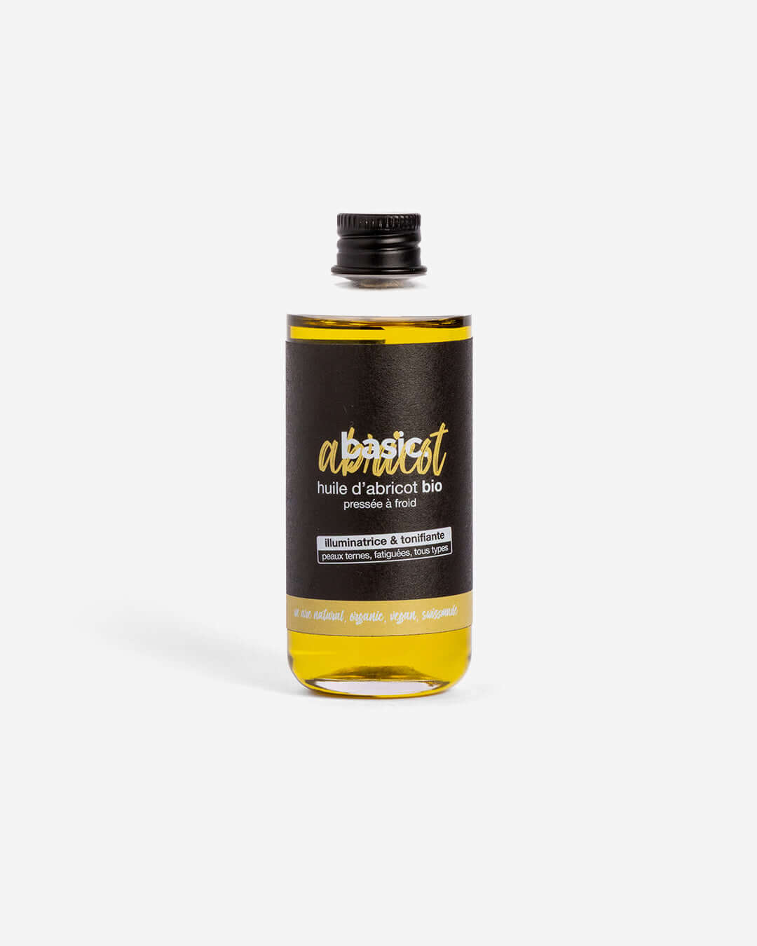 Flacon d'huile d'abricot bio Basic Cosmetics sur fond blanc
