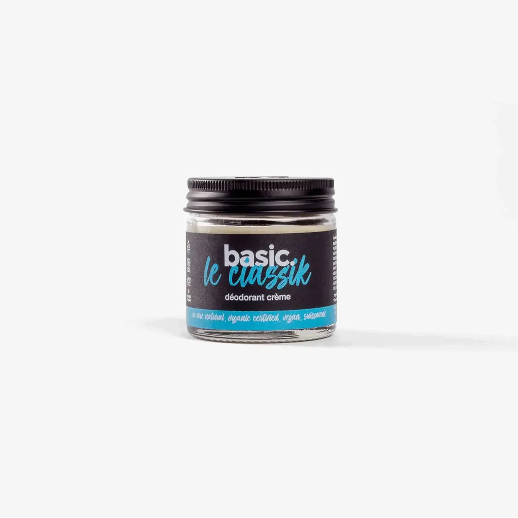 Déodorant baume naturel basic. - pot bleu fond blanc produit cosmétique