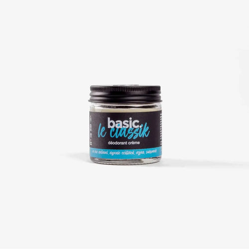 Déodorant baume naturel basic. - pot bleu fond blanc produit cosmétique