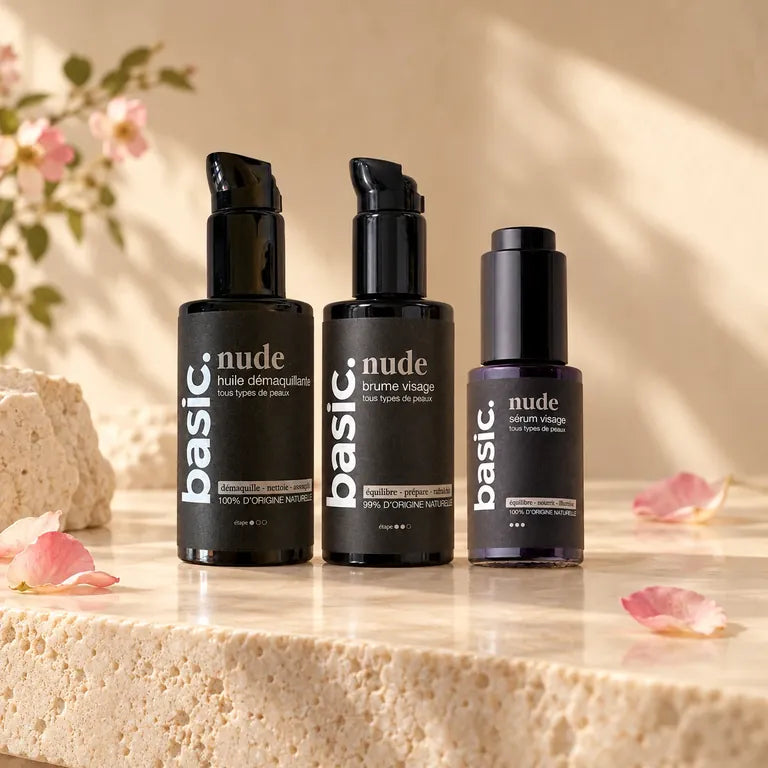 Mise en scène illustrée des trois soins du kit visage Nude sur une pierre, avec des pétales